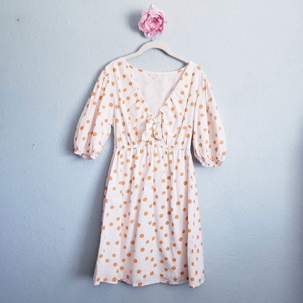 Sim & Sam White and Orange Polka Dot Puff Sleeve Mini Dress